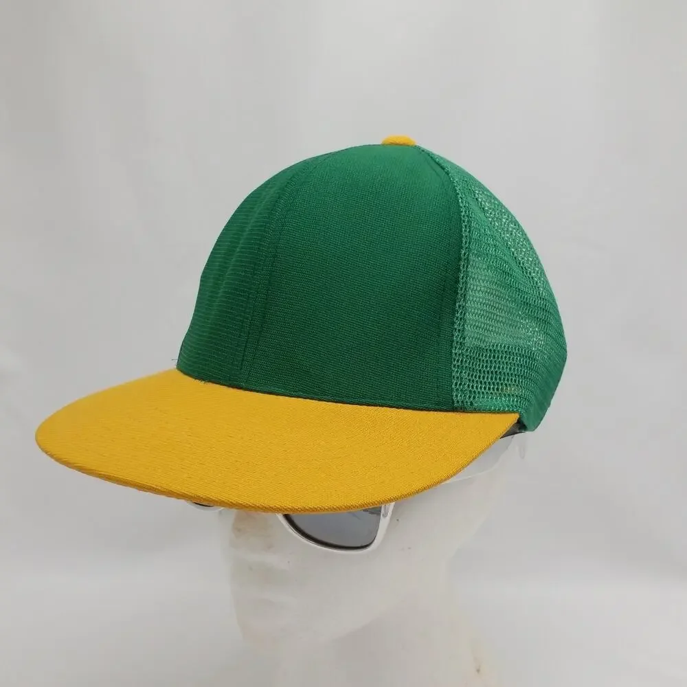 Vintage 70s Blank Trucker Hat Green Yellow Two Tone Mesh Snapback Cap VTG